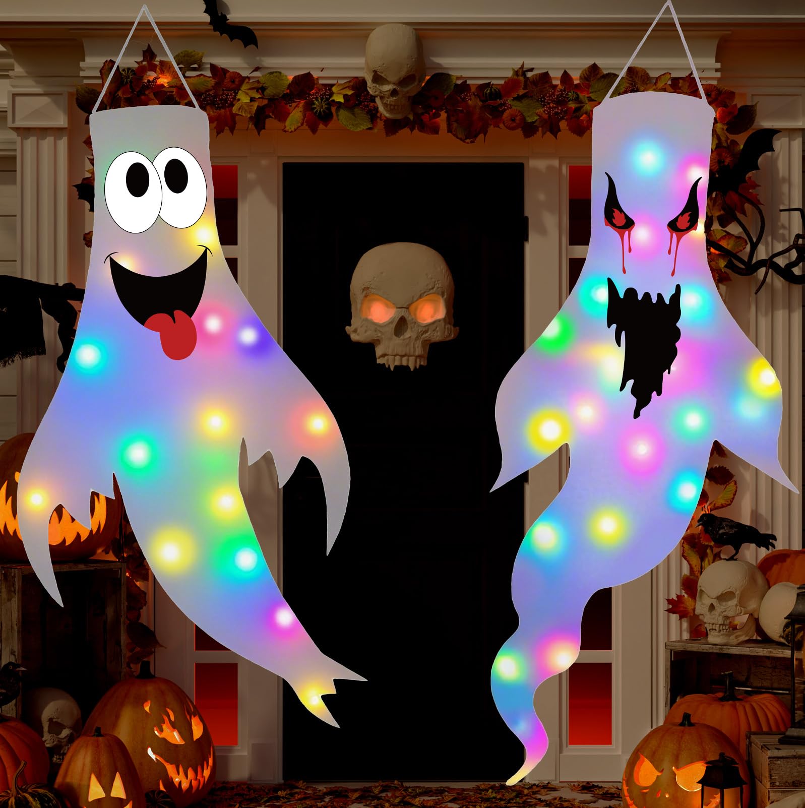 Halloween Decorations Outdoor Indoor, 2 Pack Light Up Ghost Decorations with LED Lights, Hanging Ghost Halloween Decor for Yard Porch Garden Lawn Party (1A-2Pack)